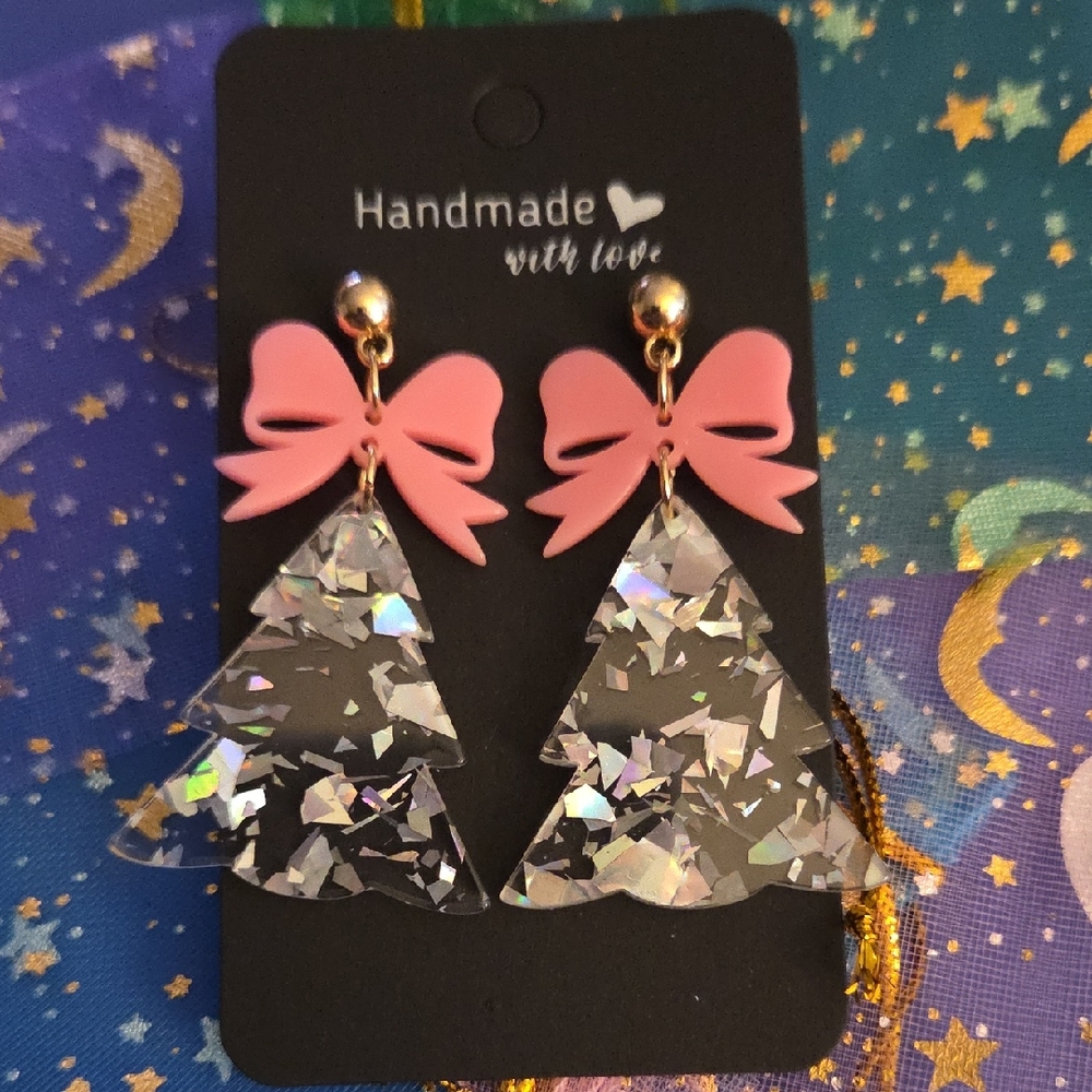 *NEW*   Christmas Pink Bow and Silver Tree Earrings